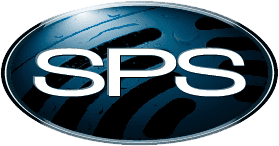 Oval logo featuring the letters "SPS" in bold white font. The background is a dark, textured blue with a subtle, stylized fingerprint pattern. The logo has a metallic sheen with a thin silver border.