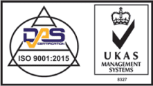 Logo featuring "DAS Certification" with ISO 9001:2015 inside a triangle on the left. On the right, the UKAS Management Systems logo includes a crown above a check mark with the number 8327 below.