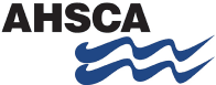 Logo with bold black letters "AHSCA" above three overlapping blue waves.