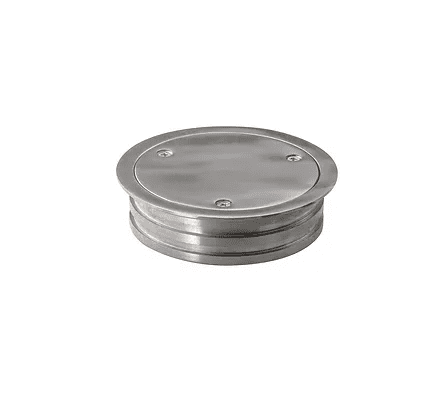 A round, metallic floor drain cover with a polished silver finish. It has four visible screws securing the flat top, which is slightly raised above a circular base. The design is simple and industrial.