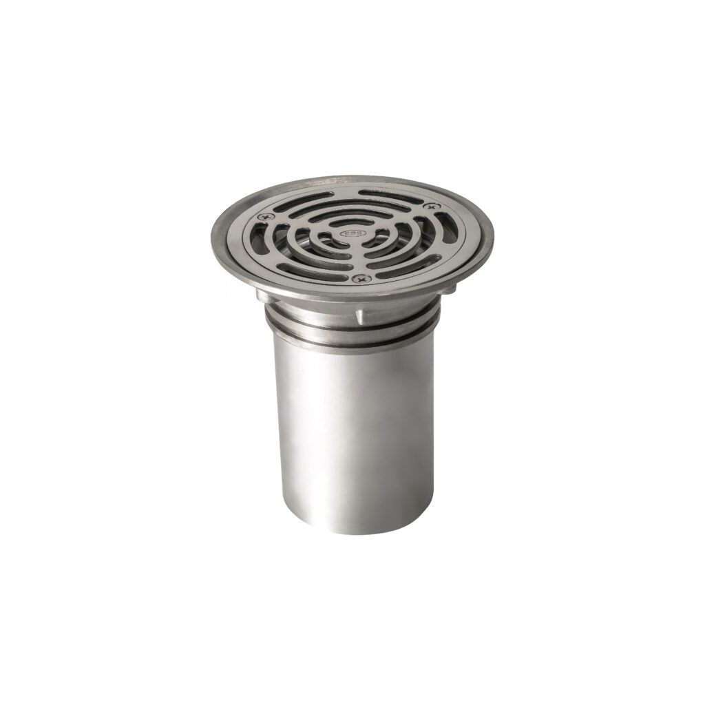 A stainless steel floor drain with a round, slotted grate cover and a cylindrical body, isolated on a white background.