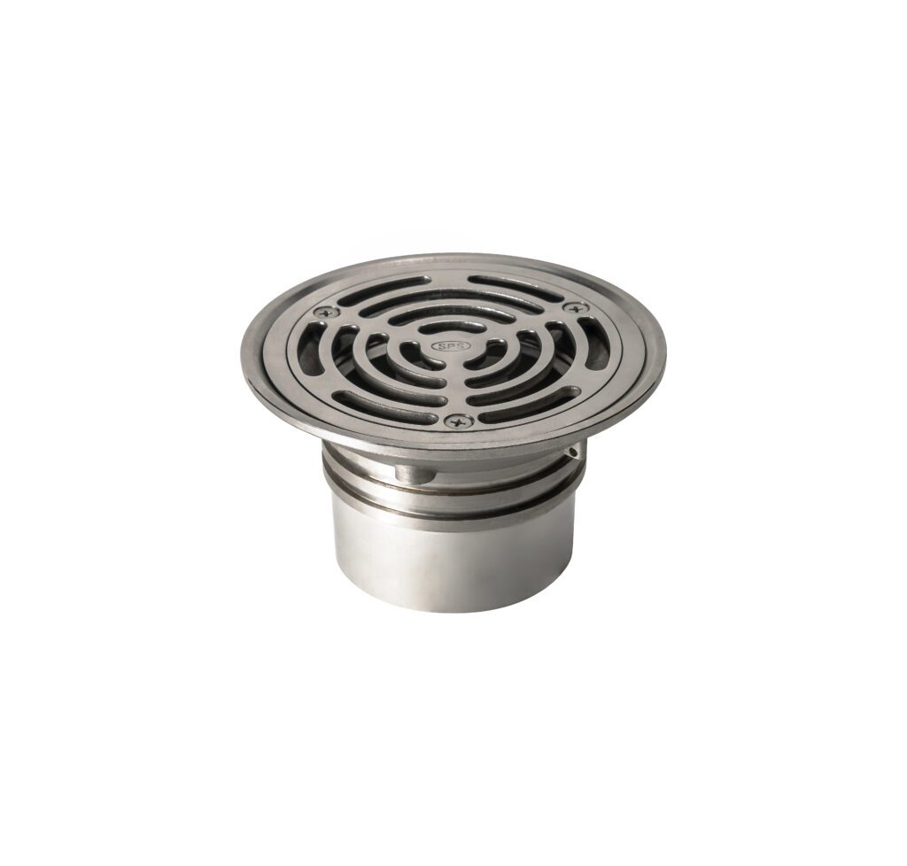 A stainless steel floor drain with a circular, slotted cover and a cylindrical base, isolated on a white background.