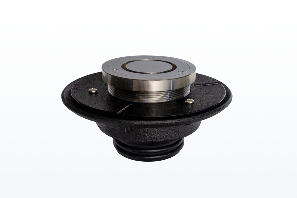 A round, industrial metal component with a threaded section and a black base, likely used for plumbing or mechanical purposes, is displayed against a plain white background.