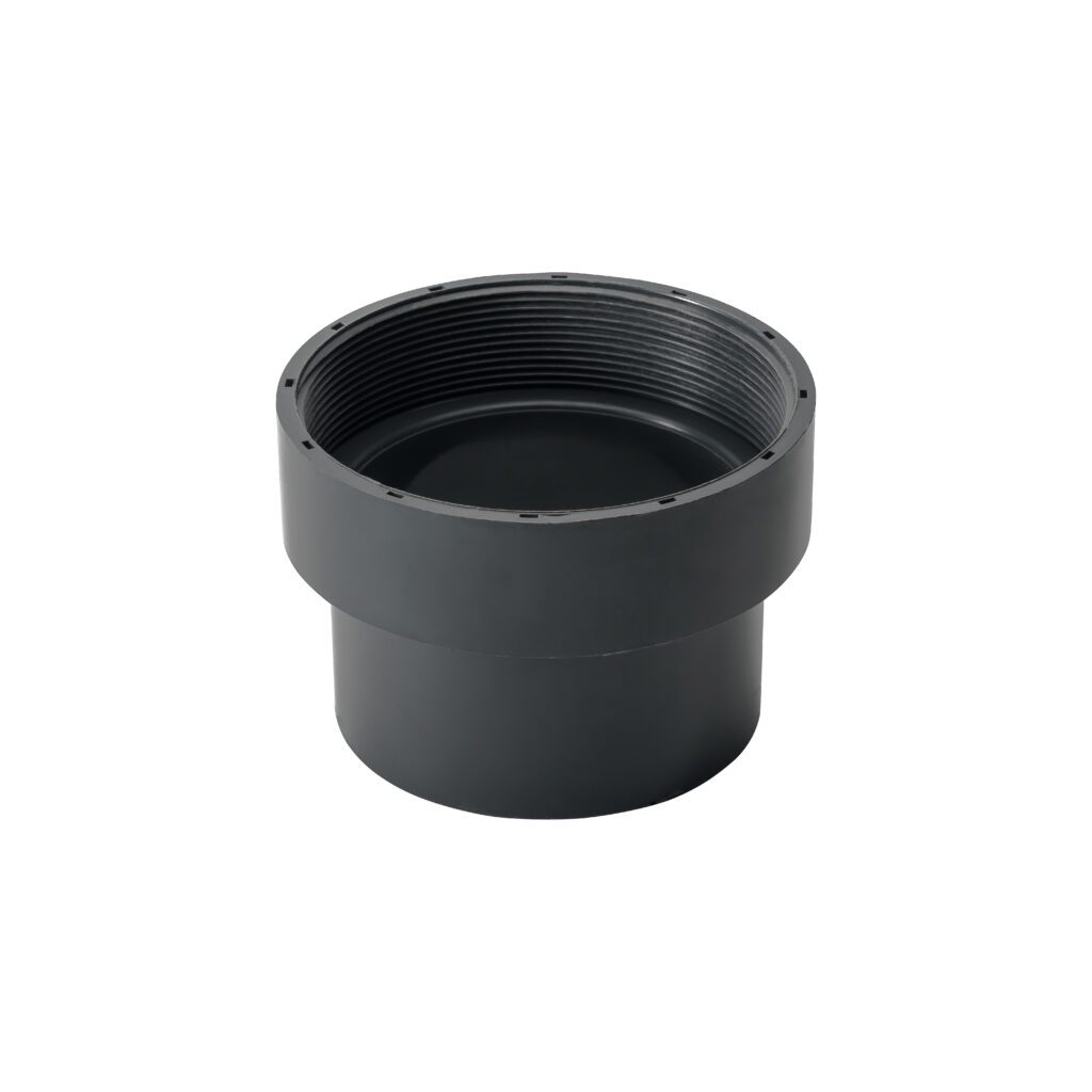 A black plastic threaded pipe adapter with a wide opening and smooth exterior, designed for connecting pipes or fittings, shown on a white background.